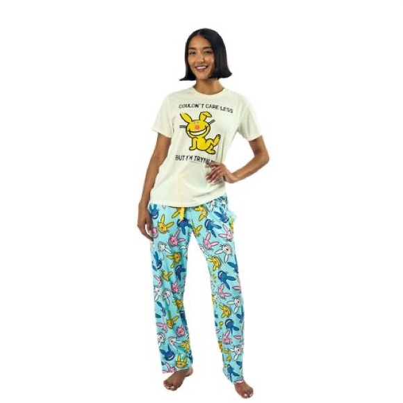 It's Happy Bunny Couldn't Care Less Women's Short Sleeve Tee & Lounge Pants Set - Picture 4 of 4